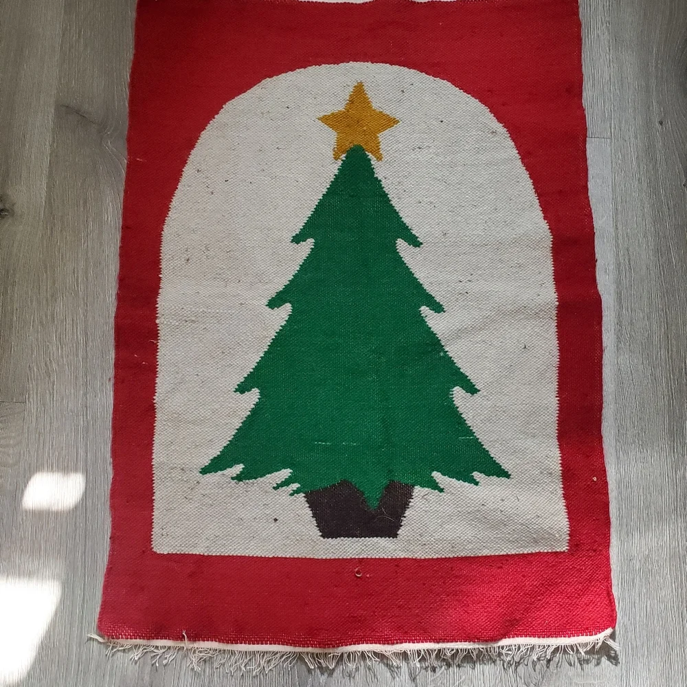 Vintage Fringe Christmas Tree Rug Wool Rectangular Simplistic Rugged Nice As Is